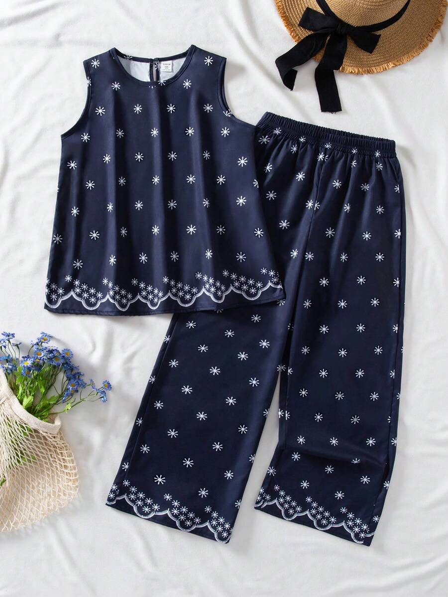 SHEIN 少女碎花圆领背心和阔腿裤休闲套装 - 藏蓝色 - 查看 1