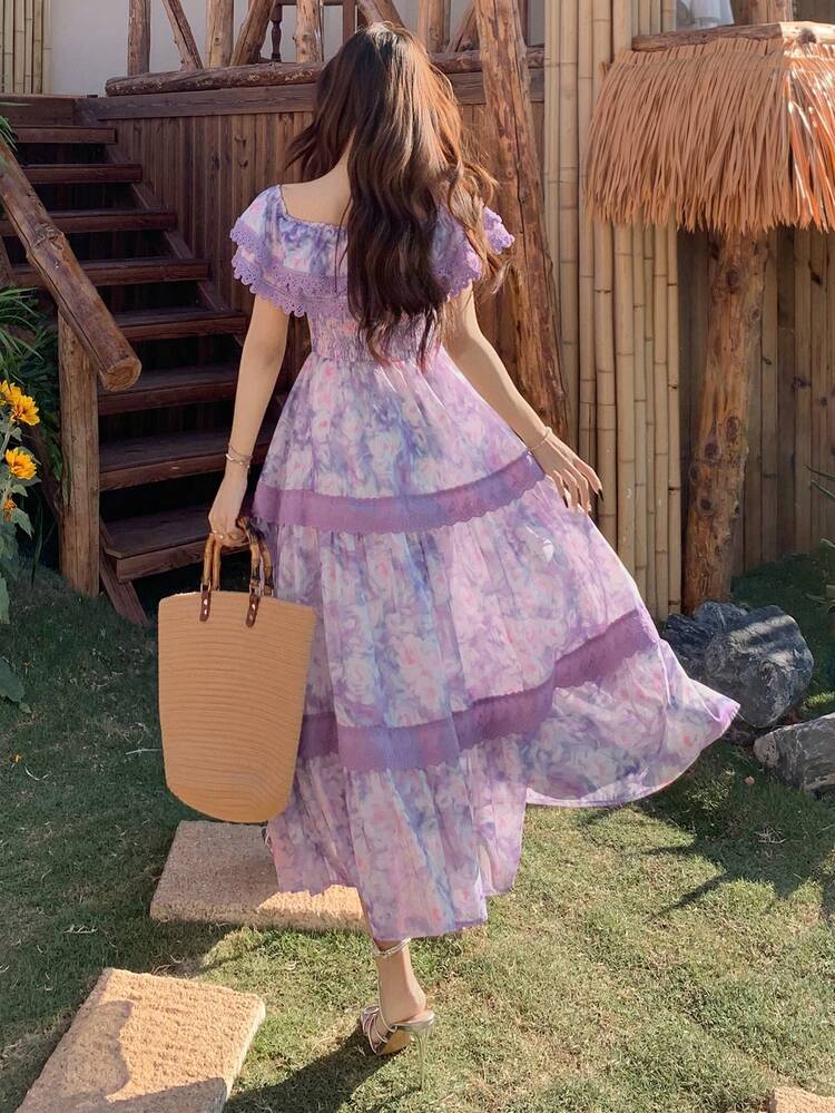 Women's Off-Shoulder Korean Style Ruffle Floral Print Casual Long Dress Maxi Dress Sundress