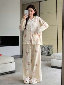 DAZY 可爱小熊蝴蝶结印花蕾丝边彼得潘领女士睡衣套装 - 杏色 - 查看 7