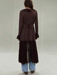 SoleilVie 女士休闲荷叶边领雪纺拼接针织长袖连衣裙 - 棕色 - 查看 4