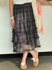 DAZY 少女松紧腰多层荷叶边格子裙 - 彩色 - 查看 3
