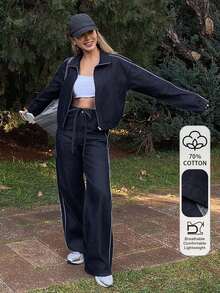 Livesso Women's Casual Denim Suit - High Collar Tie-Up Top And Pants - Dark Wash - View 1