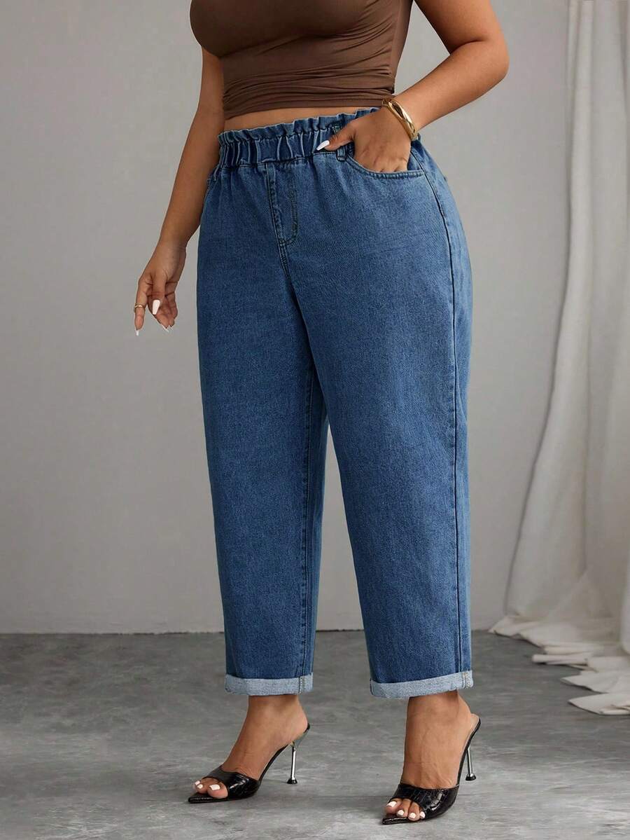 Elenzga Quần Jeans Denim Thường Ngày Cỡ Lớn, Thích Hợp Cho Mùa Hè - Rửa tối - Xem 1