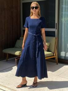 DAZY Mid-Length Waist Cinched Retro Goddess Style A-Line Denim Dress For Women - Dark Wash - View 5