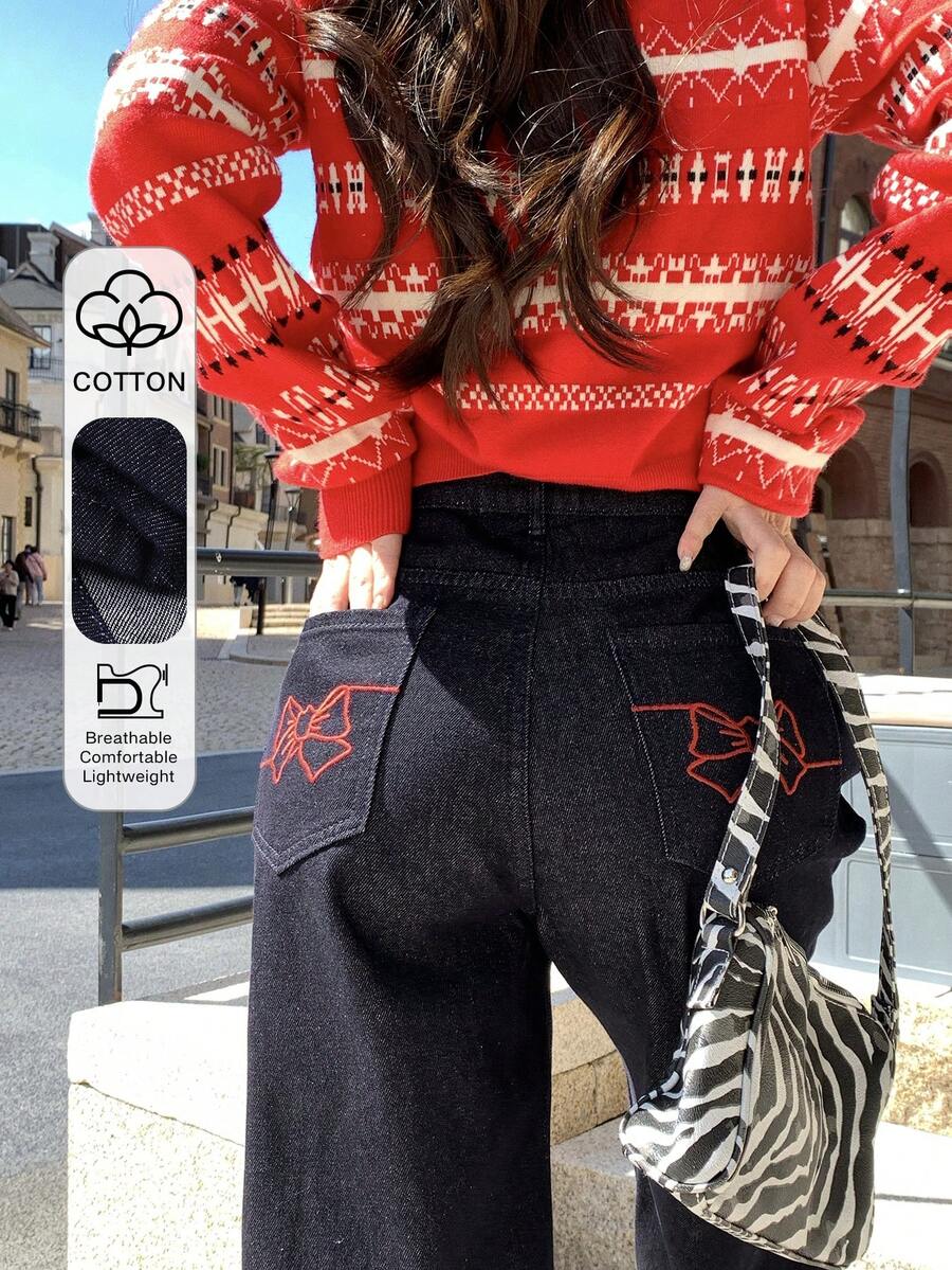 DAZY 女士/女孩休闲蝴蝶结刺绣水洗牛仔裤 - 藍色 - 查看 1