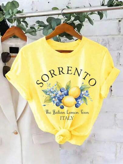 Rovax Round Neck Short Sleeved T-Shirt With Lemon And Slogan Pattern, Suitable For Spring And Summer, 1pc Fashion Shirt