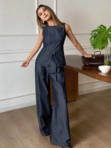 DAZY Conjunto casual de chaleco de mezclilla sin mangas de cuello redondo y pantalones vaqueros rectos y sueltos para mujer - Azul lavado oscuro - Ver 6