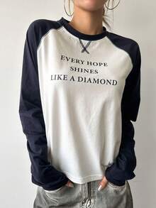 DAZY 标语图案撞色插肩袖T恤，EVERY HOPE SHINES LIKE A Rhinestone 女式长袖针织上衣 - 彩色 - 查看 6