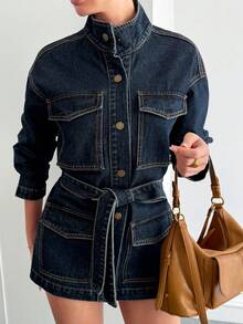 Livesso Women's Cinched Waist High Collar Casual Denim Jacket, Winter - Medium Wash - View 3