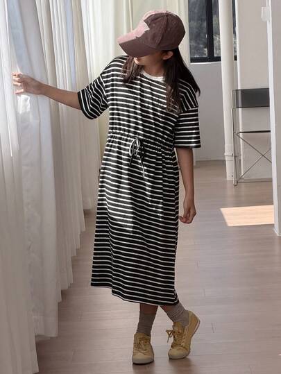 DAZY 少女夏季休闲舒适条纹抽绳腰短袖睡裙