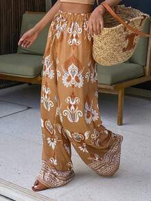 DAZY Floral Print Loose Wide Leg Pants, Casual Vacation Wear For Women, Spring/Autumn Boho Beach Tie Dye - Brown - View 5