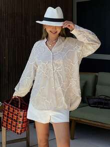 DAZY Women's Textured Fabric Loose V-Neck Long Sleeve Elegant Formal Blouse, Spring/Summer - Khaki - View 4