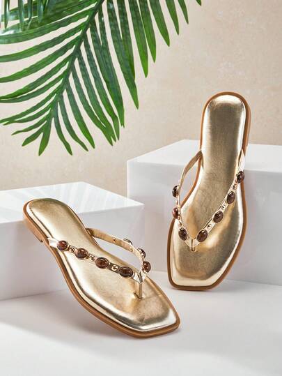 SHUZIA #Luxury-Inspired Women's Tiger Eye Gemstone-Decor Square Toe Metallic Pu Gold Flip-Flop Sandals – Elegant, Refined & Comfortable