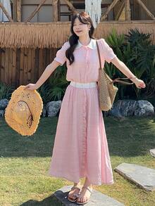 DAZY 2件套女士简约风荷叶边领连衣裙套装，韩版时尚，青春靓丽，显瘦优雅长裙 - 粉色 - 查看 6