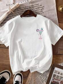 INAWLY 女士圆领字母和杯形印花休闲百搭日常短袖T恤 - 白色 - 查看 3