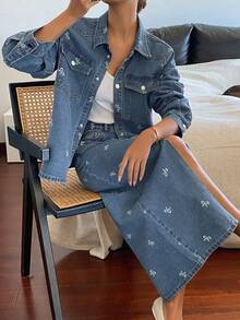 DAZY Women's Bow Print Lapel Loose Shirt And Long Skirt Casual Denim Set - Medium Wash - View 6