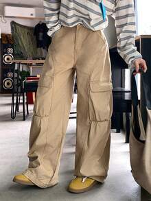 DAZY Quần jeans nữ ống đứng dáng rộng, cạp универсальный, có túi trang trí, kiểu dáng đường phố thường ngày. - Màu Khaki - Xem 2