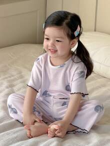 DAZY 2pcs Baby Girls' Cartoon Animal Print Long Sleeve Top And Pants Pajama Set - Beige - View 4