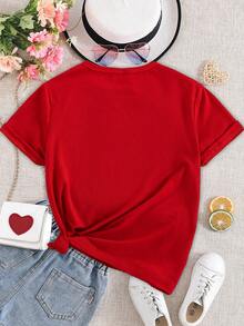 SHEIN GraphicGems Spring & Summer Tween Girl Casual Fashionable Creative Personalized Fresh Chic Minimalist Heart Floral Numeric 67 Heart Star Bow Graphic Letter Slogan Print Relaxed Basic Short T-Shirt, Comfortable Daily Wear, Cozy Summer & Fall Styles Suitable For Spring, Summer, Autumn - Red - View 4