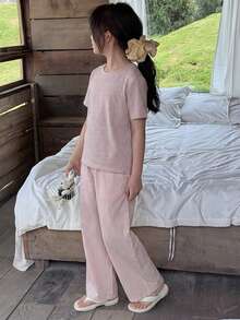 DAZY Tween Girl Striped Print Crew Neck Short Sleeve Top And Pants Pajama Set - Purple - View 1