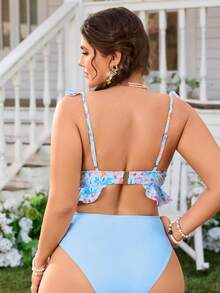 Swim Mod 大码女式数码印花可爱甜美荷叶边泳衣上装 - 藍色 - 查看 2