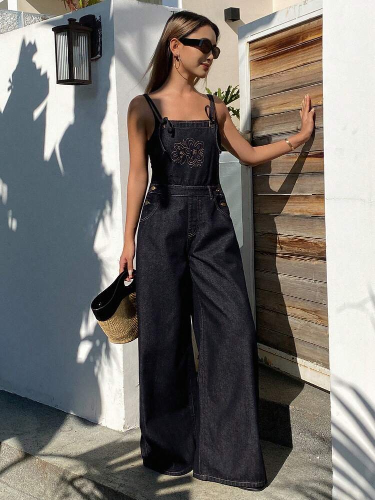 Women Floral Embroidery Vacation Style Casual Denim Bib Pants And Jumpsuit Summer