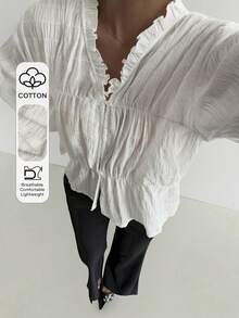 Livesso 春夏宽松商务休闲纹理荷叶边下摆腰部设计白色开衫长袖衬衫，女士度假款 - 白色 - 查看 1