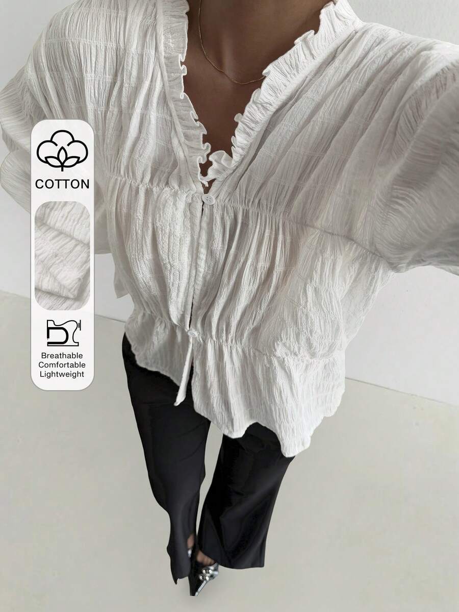 Livesso 春夏宽松商务休闲纹理荷叶边下摆腰部设计白色开衫长袖衬衫，女士度假款 - 白色 - 查看 1