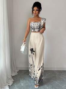 Elenzga Conjunto de 2 piezas con top de un hombro y pantalones de pierna ancha con estampado floral para mujer - Multicolor - Ver 4