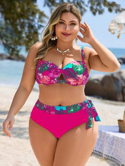 Swim Lushoire Plus Size Women 2pcs Tropical Plant Random Print Irregular Ruffle Trim Top & High Waist Triangle Bottoms Swimsuit Set, Casual & Vacation
