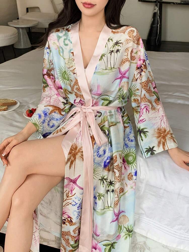 Satin Abstract Nature Print Color Block Long Robe For Women