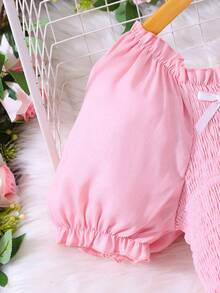 SHEIN 少女纯色泡泡袖蝴蝶结休闲夏日连衣裙 - 粉色 - 查看 5