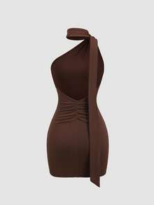 Sweetra Y2K Sexy Backless Asymmetric Shoulder Strap Elastic Bodycon Mini Dress - Brown - View 2