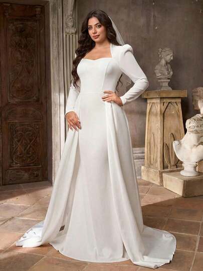 Aureia Plus Size Elegant Romantic White Chinese Style Collar Long Sleeve Fitted Mermaid Hem Patchwork Wedding Dress For Bride