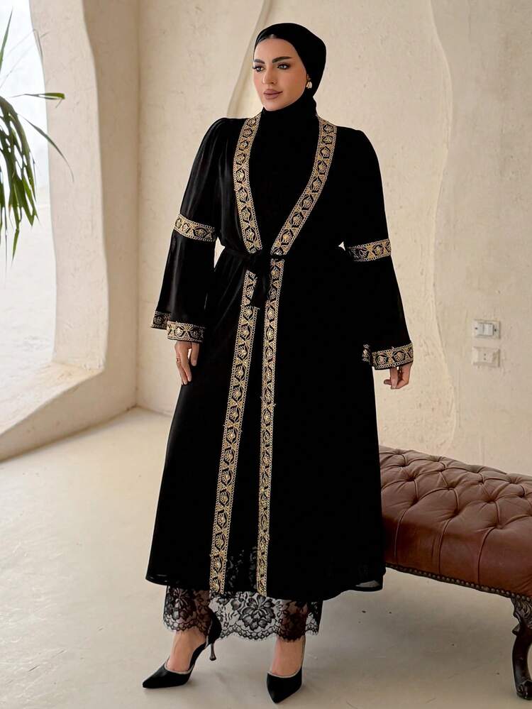 Dazy Plus 2pcs Plus Size Women Solid Color Fitted Long Slip Dress, Chiffon Flare Sleeve Patchwork Maxi Robe
