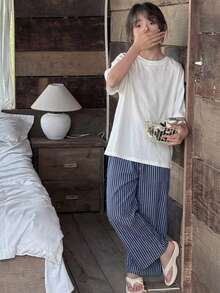 DAZY Tween Girl Solid Color Round Neck Short Sleeve Top And Striped Pants Pajama Set - White - View 6