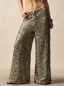 Bohemela 女士春夏度假海滩休闲派对西部音乐节嘉年华亮片阔腿裤，嘉年华，夏季女士，狂欢节女士服装，夏季假期，休闲 - 軍綠色 - 查看 3