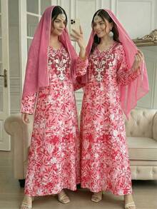 1pc Arabic Traditional Outfit, Elegant Full Print Long Sleeve Dress With Headscarf For Teen Girls - Multicolor - View 1