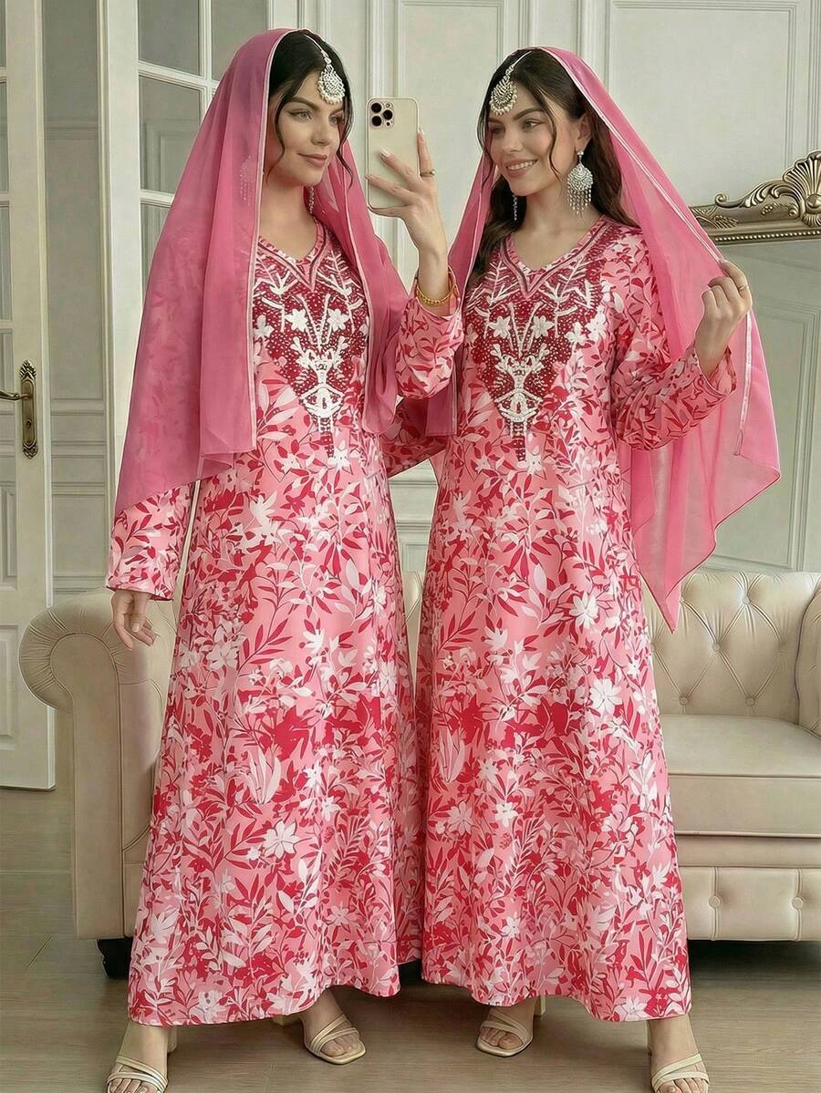 1pc Arabic Traditional Outfit, Elegant Full Print Long Sleeve Dress With Headscarf For Teen Girls - Multicolor - View 1