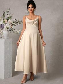 Momance Maternity Fashion Taffeta Pearl Strap Dress - Apricot - View 5