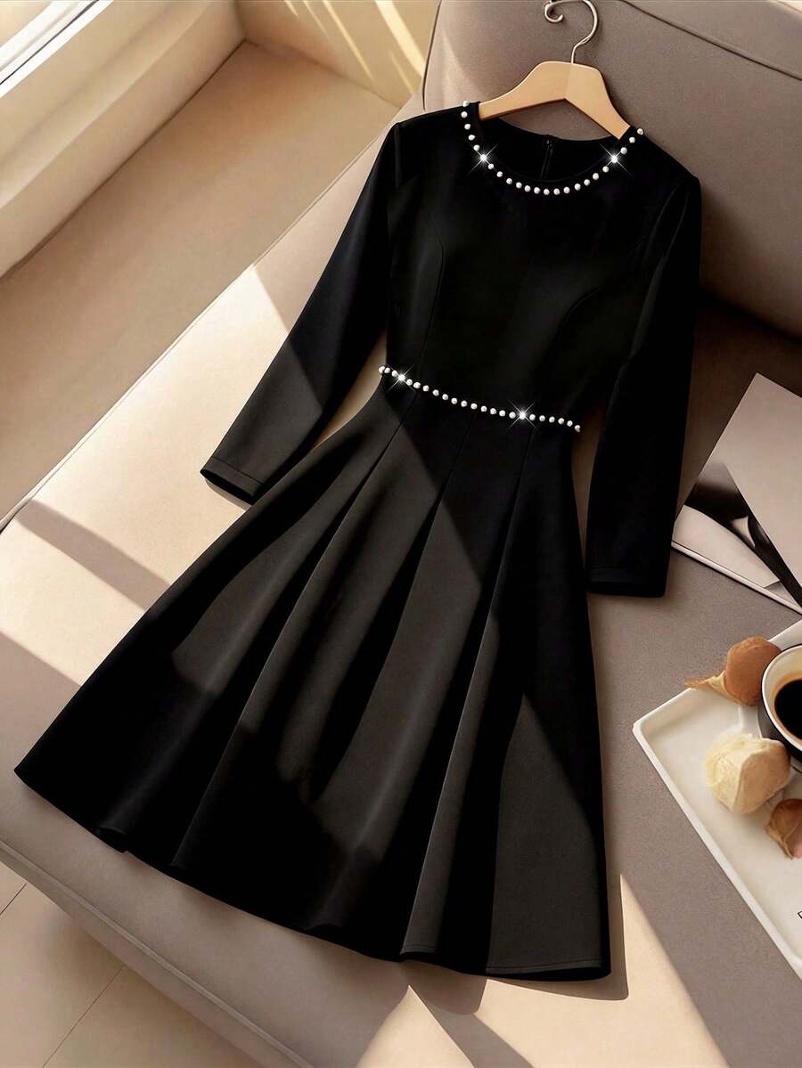 SHEIN Clasi Plus Size Women's Round Neck Elegant Beaded Long Sleeve A-Line Dress - Black - View 1