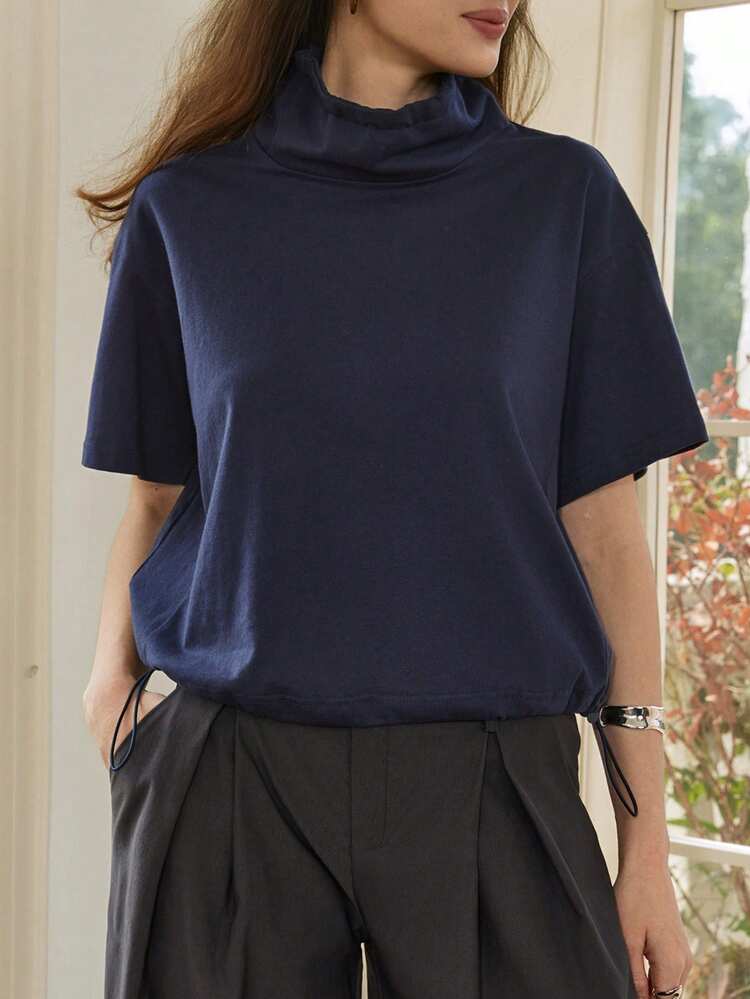 Women's Solid Color Stand Collar Casual Versatile Commuting Short Sleeve T-Shirt
