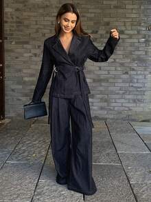 DAZY Women's Denim Jacket With Collar & Waist Cinching, And Loose Wide Leg Jeans Casual 2-Piece Set - Dark Wash - View 5