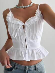 DAZY Camiseta de tirantes con volantes y lazo en el frente, estilo vacacional Y2K para mujer - Blanco - Ver 4