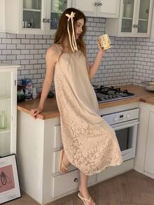 DAZY Teen Girls' Solid Color Lace Patchwork Loose Casual Pajamas - Apricot - View 3