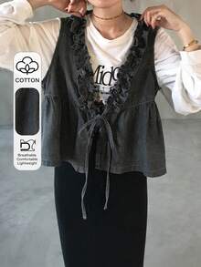 FRIFUL Women's Casual Washed Denim Sleeveless Top With Ruffle Hem And Tie