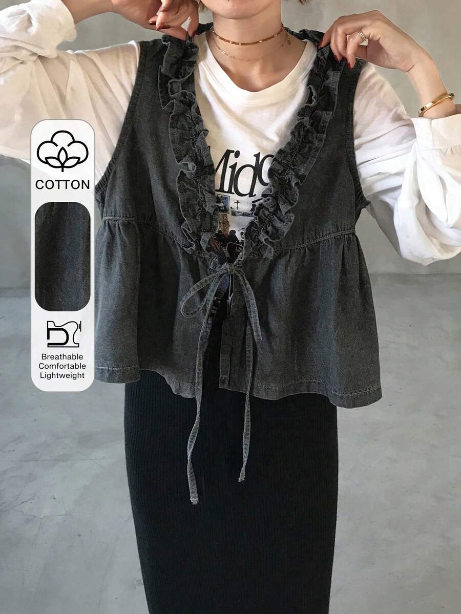 FRIFUL Women's Casual Washed Denim Sleeveless Top With Ruffle Hem And Tie