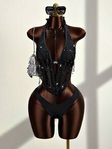 Zestiva 女士亮片流苏面料性感优雅26ss新款深V领三件套泳衣，沙滩派对度假风 - 黑色 - 查看 5