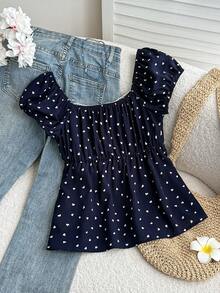 SHEIN 少女海军蓝爱心波点蕾丝边真开襟纽扣衬衫，可爱甜美，适合休闲、日常、上学、街头穿着 - 藍色 - 查看 2