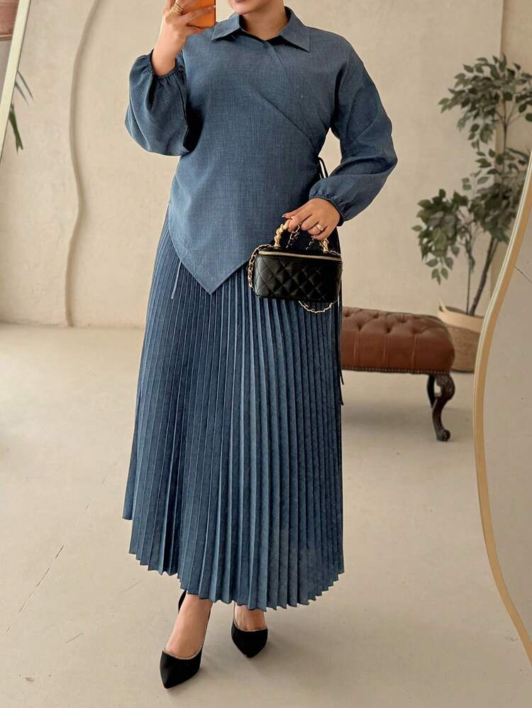Dazy Plus Plus Size Elegant 2-Piece Set: Solid Color Cinched Waist Oblique Placket Long Sleeve Shirt & Pleated Skirt, Commuter Style, Spring/Autumn Lounge Sets For Women